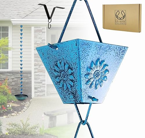 U-nitt Rain Chain Water Collection for Gutters Rainwater Catcher & Diverter, 8.5 FT Chains for Outside Garden Patina Square Cups, Roof Downspout, Works with Heavy Rain, w/ Gutter Clip for Rainchains