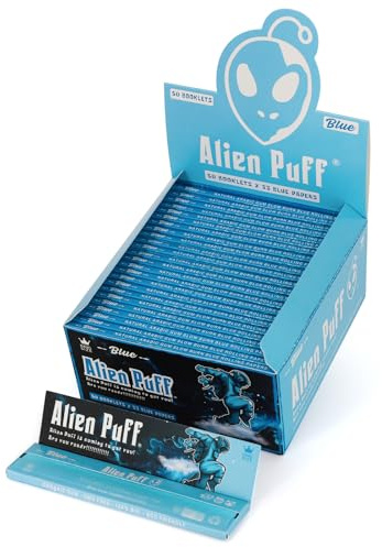 Alien Puff Zigarettenpapier, ultradünnes Kingsizeslim 110 mm Rolling Papier mit Spitzen Blau, 50 Packs langsam brennend, natürliches Gummiarabikum