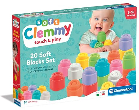 Clementoni - Mjukt paket 20 set för tidig barndomskonstruktion, Clemmy Mjuka byggstenar, 6 månader för barn, Sensoriskt spel, Stapelbart Och Tvättbart, Tillverkad i Italien, Multifärg, 17989