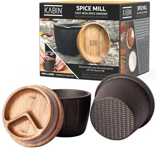 KABIN Spice Mill - Spice Grinder Manual Pepper Mill - Durable Cast Iron Mortar and Pestle Set Herb Crusher - Hand Grind, Measure & Store Your Spices and Herbs- Molcajete Bowl