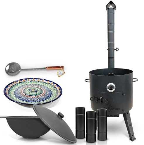 Feuerofen Utschak Ø 44 cm mit Thermometer Gusseisen Kazan 16 L Verlängerungsrohr Schaumlöffel für Plov Kasan Казан Учак Lagan Ø 37 cm Uchag (Set 2)