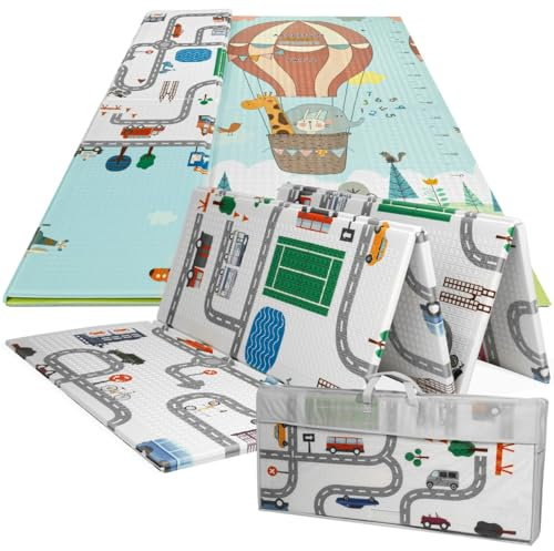 TULANO Gioco 10 | Kindermatte | Doppelseitige | Spielmatte Baby Faltbar | Babymatte | Krabbelmatte | 180x200x1cm | Kinderteppich jungen | Rutschfest Wasserdicht Tragbar | Stadt/Ballonfahrt