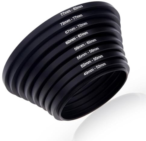 Juego de 8 Anillos Adaptadores Step-Up para Filtros de Objetivo: 49mm, 52mm, 55mm, 58mm, 62mm, 67mm, 72mm, 77mm, 82mm, Anillos Adaptadores de Filtro Compatible con Diversas Marcas de Cámaras