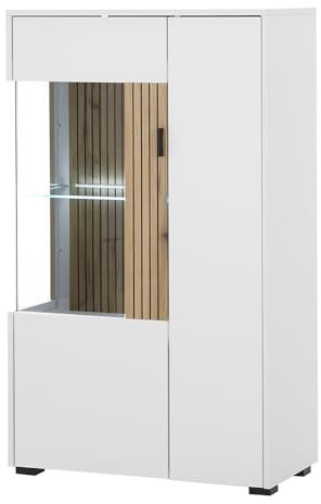 Lomadox Highboard Vitrine Vitrinenschrank Standvitrine modern LED Beleuchtung weiß matt Eiche gerillt 75x125x38 cm