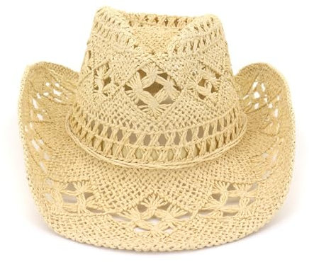 Cowboyhut aus Stroh für Damen, glitzernder Westernhut für Urlaub, Party, faltbar, Urlaub, Strand, Sonnenhut, Beige, Einheitsgr��e