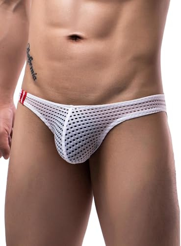 comeondear Tangas Sexy Hombre de Malla Transpirables Jockstrap Sexy Cintura Baja Calzoncillos Mesh Talla Grande String Slips Suspensorios Comodo Lencería Ropa Interior Blanco,L
