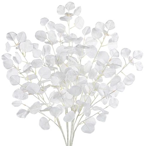 Hollyone 5 Stück Eukalyptus Blätter Weiß Kunstpflanzen Eukalyptus Stiele 82CM Lang Silber Dollar Blätter Kunstzweige Deko Gefälschte Eukalyptus Zweige für Vase Party Hochzeit Heimdeko
