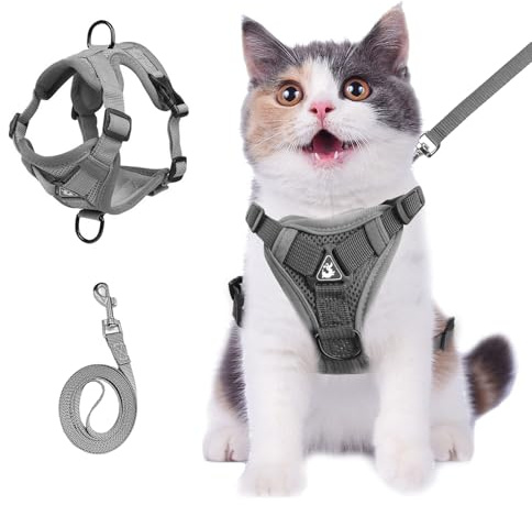 Wanheart Cat Breastplate and Leash Set, Reflective Striped Cat Walking Vest, Anti-Escape Adjustable Soft Mesh Cat Leash and Breastplate Set for All Types of Cats Cat Vests(Grey, M)
