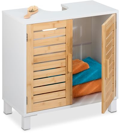 Relaxdays Waschbeckenunterschrank mit 2 Türen, HBT: 60x60x32 cm, Bambus & MDF, Badunterschrank Waschbecken, weiß/Natur