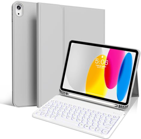 zoyu Tastatur Hülle für iPad 11 Generation A16/10 Generation (11 Zoll 2025/10.9 Zoll 2022), 7-farbige Beleuchtung Magnetische Tastatur für iPad 11./10. Gen Hülle mit Stifthalter, Grau