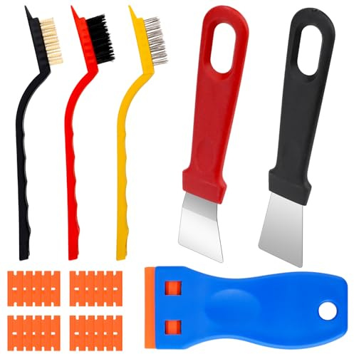 Leikedun Cleaning Scraper Tool Non Scratch Set with Scraper & Brush Kit | Plastic Scraper, 20 Spare Replacements, Oven Scraper Tool, Brass & Nylon Brushes, For Label Wall Paper Stove Pan Cleaning