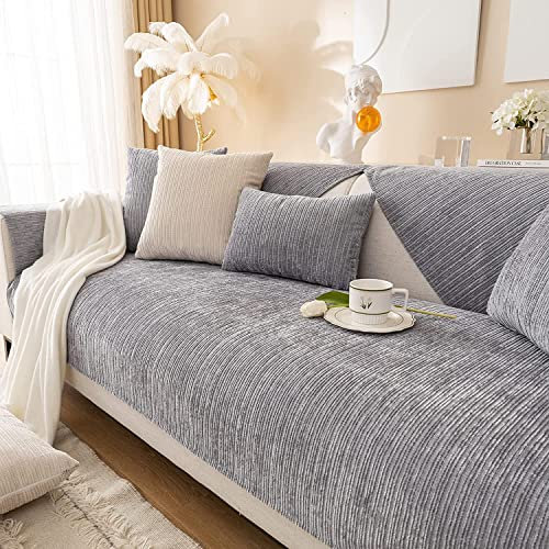 Chenille L Shape Sofa Slipcover Anti slip Washable Corner Couch Cover for Sectional Sofa Soft Sofa Protector Chaise Lounge Cover (Grey 70x120cm)