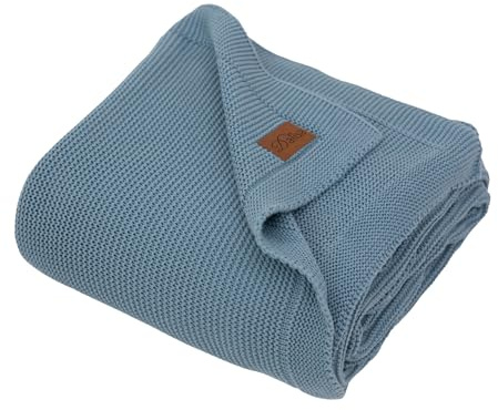Dalisa 100% Baumwolle Strickdecke Rauchblau 150x200 cm – GOTS-Zertifiziert, weich & gemütlich, vorgewaschen, waschmaschinengeeignet, in Geschenkbox | Boho-Vintage-Strick, weich und gemütlich, Ganzjahresschicht, für Couch, Bett und Heimdekoration