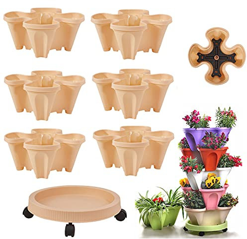 Jardinière verticale empilable à 6 niveaux avec auto-arrosage - Stable et durable - Idéal pour planter des fraises et des herbes - Couleur abricot