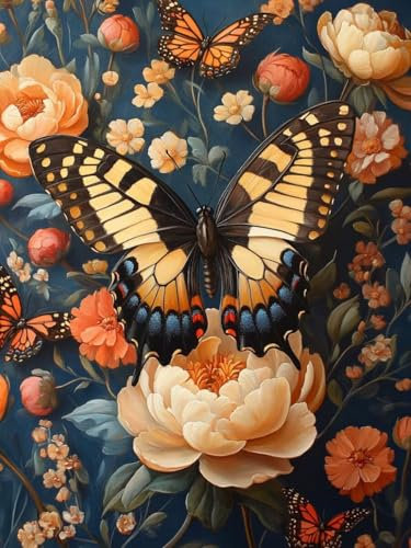 Malen nach Zahlen Erwachsene Schmetterling, Malen nach Zahlen Blume Malen Nach Zahlen ab 7 Jahre Mädchen Geschenk, Knitterfreie Leinwand Ölgemälde Kit mit Pinseln und Acrylfarbe (mit Rahmen 90X120CM)