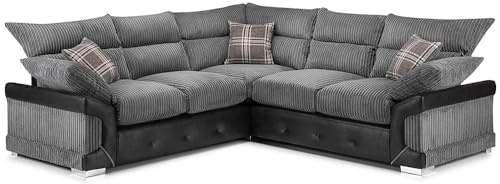 Big Corner Sofa - Logan 3+2 Seater Sofa Set - Jumbo Cord Fabric Couch with Faux Leather - High Back Cushions Settee - Comfortable Foam Seated Cushion for Living Room Furniture Lounge (2C2)