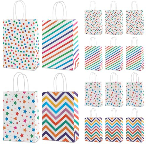Ktxaby 16 st små presentväskor med handtag grattis på födelsedagen presentpåsar, bulk party favör papperspåse, 4 stilar färgglada godispåsar för födelsedagsfest tillbehör (15 x 8 x 21 cm)