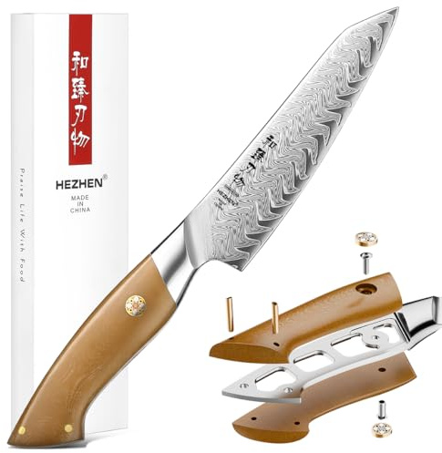 HEZHEN Kitchen Utility Knife, 5.5 Inches, 67 Layers Damascus Steel Small Chef Knife, Multifucational Paring Knife for Chefs and Home Cooking, Ultra-Sharp Blade with Linen Micarta Handle, Gift Packing