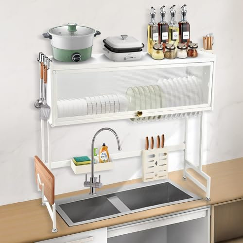 Égouttoir à vaisselle sur évier – Rangement de cuisine peu encombrant avec pièces amovibles, porte-ustensiles et crochet à linge – Blanc (85 x 28 x 77 cm) pour une organisation efficace de l