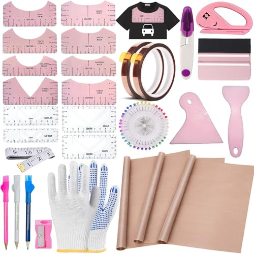 QUKLOGEN Sublimation Shirts Tool Kits 68 Pcs Shirt Measure Ruler Set Reusable Round Neck and V Neck Alignment T Shirt Guide Ruler Teflon Sheet for Heat Press 12 x 16in Heat Resistant Tape