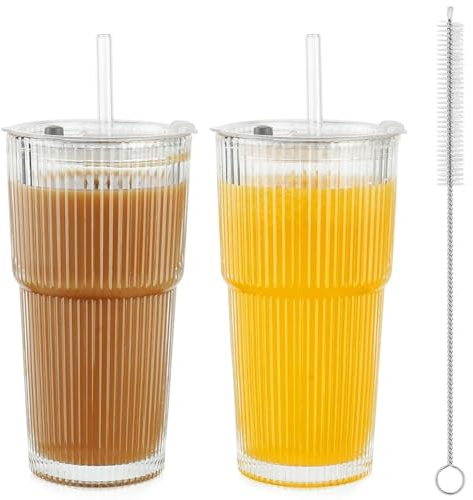 TAIHE 2 Stück Bubble Tea Becher, 600ml Transparente Eiskaffee Becher, Glasbecher Trinkbecher mit Deckel und Strohhalm, Gestreifte Glas Eiskaffee Gläser,Longdrinkglas Set, Smoothie-becher