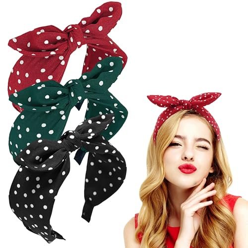 3 Stück Breiter Haarreif Damen mit Polka Dots - French Stirnband Kaninchen Ohren Haar Bands Stoff rutschfest Kopfbedeckungen elastische Twist Haarreifen Zubehör für Frauen Mädchen (Rot Schwarz Grün)