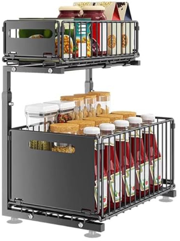 Willonin - Estantería de dos niveles bajo fregadero organizador de metal para mueble bajo, estante para mueble bajo fregadero de cocina, mueble de baño, organizador de cocina, altura ajustable-negro