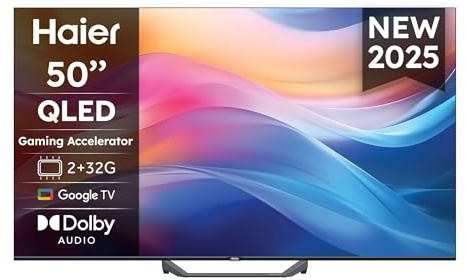 Haier QLED 4K UHD H50S80FUX - 50, Smart TV, Google TV, Dolby Audio, HDR 10, Smart Remote Control, Google Assistant, Bluetooth 5.1, Gaming Accelerator, USB 2.0, DBX TV, HDMI 2.1 x 4, Sin Marcos, 2025