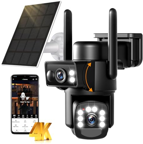 4K Caméra Surveillance WiFi Extérieure sans Fil à Double Objectif,355° PTZ avec Panneau Solaire+Batterie 15000mAh,PIR & Détection,Vision Nocturne Couleur,Audio Bidirectionnel/Suivi Automatique ﻿