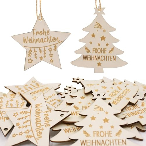 20 Stücke Geschenkanhänger Weihnachten Holz Frohe Weihnachten Holzanhänger Stern und Weihnachtsbaum mit 5m Hanfseil für Weihnachtsbasteldekoration