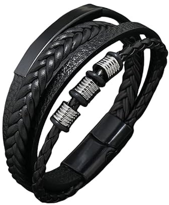HUIANGLIYG Herrenarmband Leder, Schwarzes, Mehrlagiges Geflochtenes Lederarmband mit Perlen, Magnetischer Verschluss, Stilvolles Vintage Armband, Einzigartiges, Handgefertigtes Schmuckgeschenk für