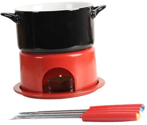 Colcolo Appareil à fondue au chocolat avec bougies chauffe-plat, double poignée et fourchettes pour faire fondre le chocolat, idéal pour les bonbons, les, Noir Rouge