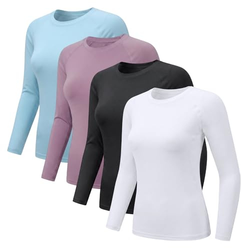 NuCamper 4 Packs Haut Thermique Femme Col Rond à Manches Longues T-Shirt Thermique Femme sous Vetement Chaud Léger Basic T-Shirt Top Slim Moulante Fit pour Hiver Automne Couleur Unie Tee Shirts