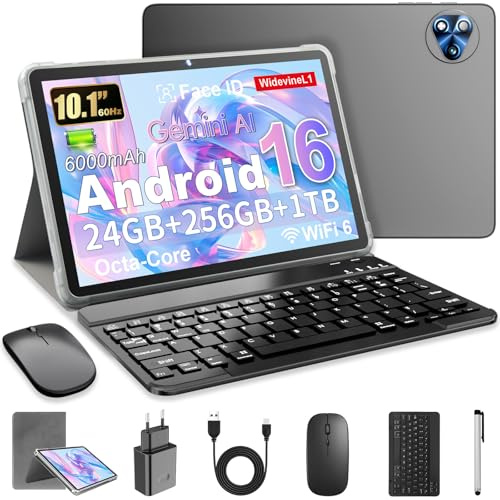 Android 16 Tablet 10 Pollici con Gemini AI, Tablet con Tastiera, Mouse & Stilo, Octa-Core, 24 GB RAM + 256 GB ROM + 1 TB TF, 1920x1200 Display HD, Fotocamera 8MP + 13MP, 6000 mAh (Custodia Grigio)