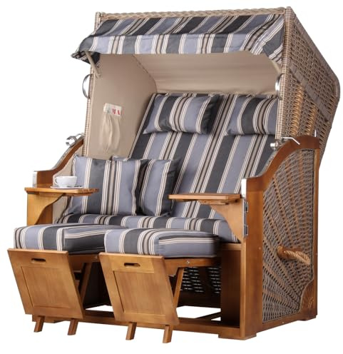 MR. DEKO Strandkorb 2-Sitzer Schleswig Volllieger | Gartenstrandkorb Pinienholz PE-Mokka | Komplettset inkl. Abdeckhaube, Laufrollen | Pinie-Braun Gartenmöbel Blau Breite 120cm