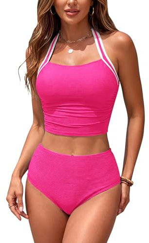 SHEKINI Womens Bikini Set Halter Two Piece Swimsuits | Sporty Contrast Color Trim, Ribbed Bathing Suit, High Waisted Swimwear for Beach Pool, Removable Pads