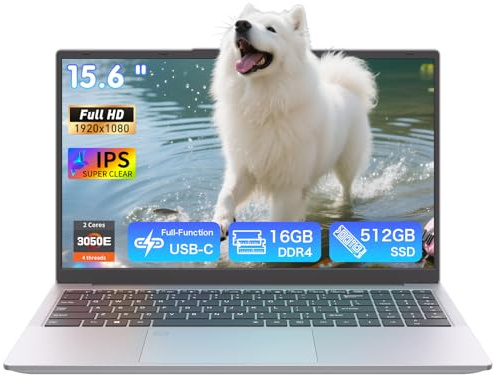 Auusda 15.6” Full HD Laptop, 16GB RAM 512GB SSD, Compatible with Win11 | Backlit Keyboard, Fingerprint Unlock, Lightweight Student Laptop for Study & Office, USB-C, Long Battery Life, Silver