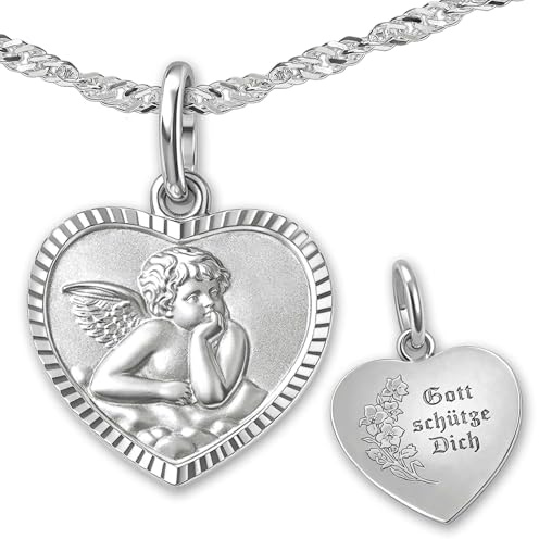 CLEER SCHMUCK Halskette Anhänger Herz 17 mm mit Schutzengel und Rückseite Gott schütze Dich mit Singapurkette 40 cm 925 Sterling Silber im Etui creme