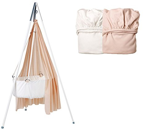 Wiegen-SET - Wiege mit Schleier soft pink, Stativ weiß und 2 Stück Spannbetttücher 1x soft pink/ 1x weiß