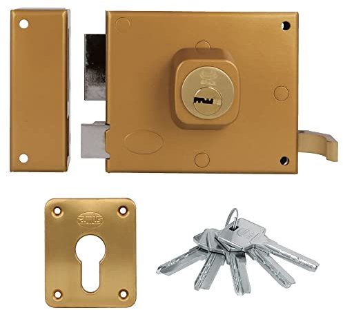 Amig - Serratura da sovrapposizione a sinistra con leva di chiusura, linguetta e maniglia per porte in legno mod. 73, 100 x 85 mm, Chiusura con cilindro Europrofilo, Acciaio Dorato