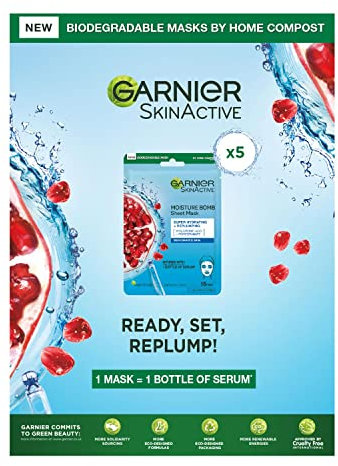 Garnier SkinActive Moisturising Tissue Mask, Moisturising and Firming Pomegranate + Hyaluronic Acid For Dehydrated Skin, 160 Gram (Pack of 5)