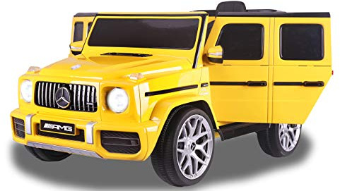 JAMARA 460642 Ride-on Mercedes-Benz AMG G 63 12V-2-växlar, 2 kraftfulla drivmotorer, 12 V batteri lång körtid, USB, batteriindikator, mjuk stopp, fjäderbelastad bakaxel, LED, gul