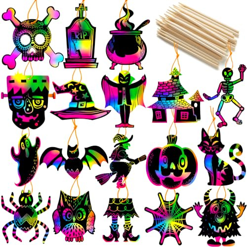 JOYIN 72 Stück Bastelset Halloween Kratzbilder Set mit 18 Designs für Kinder, Süßes oder Saures, Partyzubehör, Halloween-Dekorationen, Klassenzimmeraktivitäten