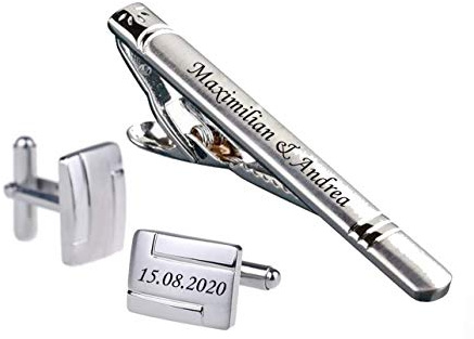 aplusashop ID Krawattennadel + Manschettenknöpfe mit Gravur nach Wunsch Edelstahl in Silber Nr.3 Hochzeit mit Box