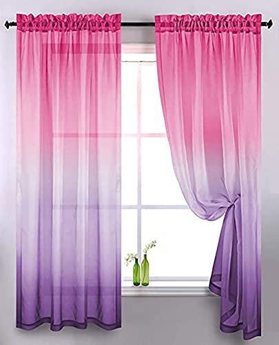 Cozomiz 2 Stück Vorhang Gardinen Gardinenschals Transparent Sheer Voile Vorhang Durchsichtig Fensterschal für Wohnzimmer Schlafzimmer Pink Violett (mit Kräuselband) 132x160cm