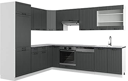Vicco Eckküche Fame-Line, Anthrazit Landhaus/Weiß, 287 x 46 cm ohne Arbeitsplatte, zur individuellen Küchenplanung und modularer Erweiterung