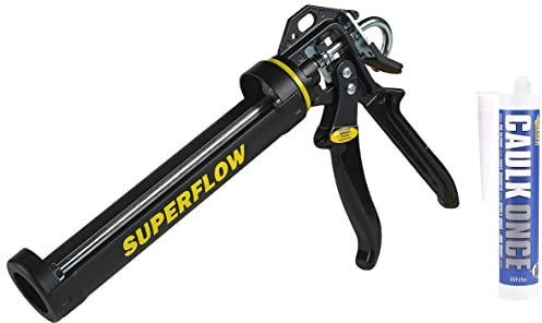Everbuild Super Flow Sealant/Adhesive Cartridge Applicator Gun with Rotating Barrel & Everbuild Caulk Once Premium Quality Acrylic Caulk, White, 295 ml