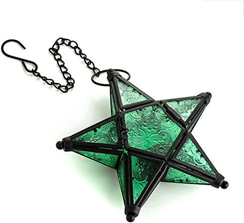 Sziqiqi Hänge Farblicher Fünf-Sterne Kerzenhalter Aus Glas und Eisen - Ornament für Abendessen, Grün