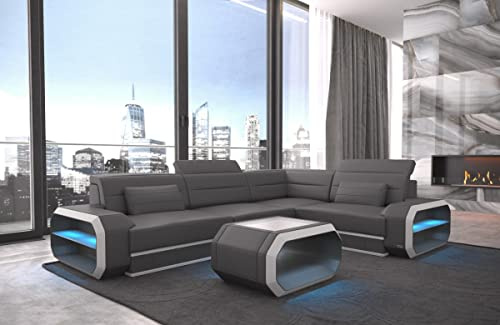 Ecksofa Verona Ledersofa L Form Sofa - mit LED Beleuchtung, verstellbare Kopfstützen/Lederfarben wählbar/Ausrichtung wählbar (Ecke rechts, Grau-Weiß)