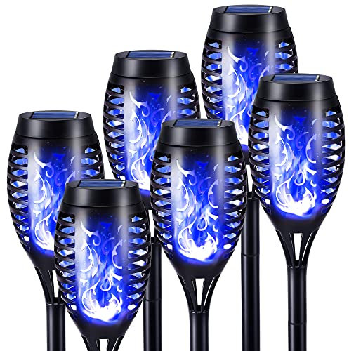 Geemoo Solari Esterno Giardino Fiamma Luci 6 Pezzi Lampade Solari da Giardino Torcia Luce con Blu Fiamma Tremolante Realistico, Luci Decorative per Halloween Esterno, Giardino, Patio, Prato